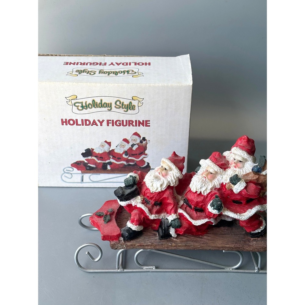 Holiday Style Santa Sled Figurine Three Santas on Sleigh Christmas Decor Boxed